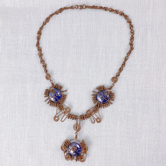 Handmade Wire-Wrapped Copper Necklace with Deep Blue Glass Cabochon Boho Pendant - Picture 8 of 10